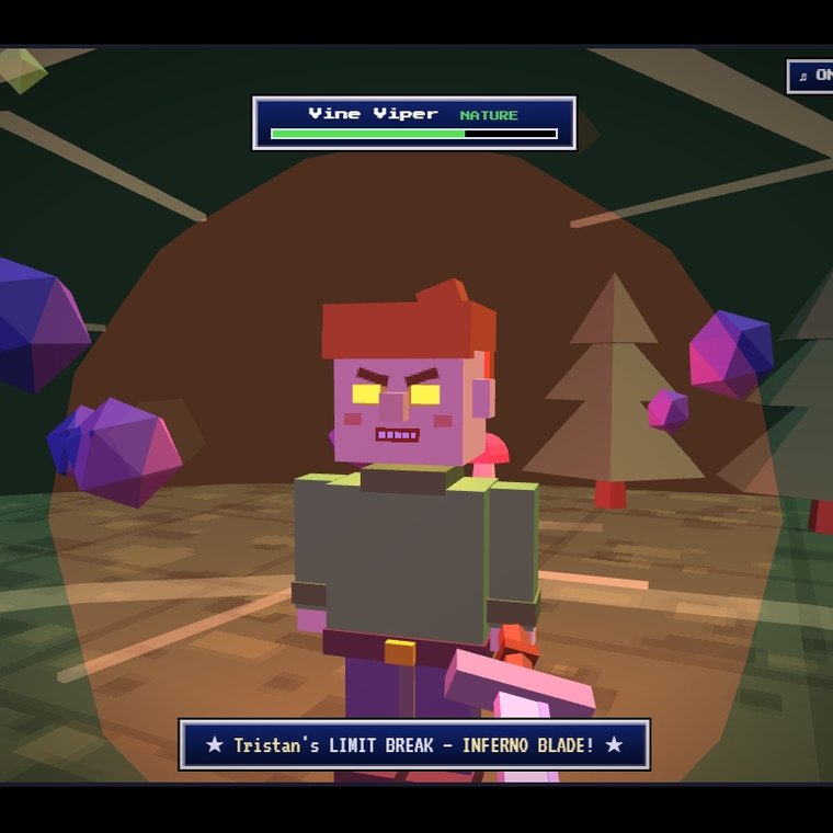 KidBits Adventure gameplay: the hero Tristan unleashes an Inferno Blade limit break against a Vine Viper in a forest battle