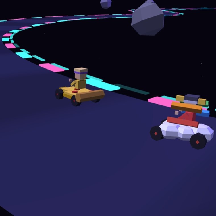 KidBits Kart Racing gameplay: two blocky karts racing along a glowing neon track through space