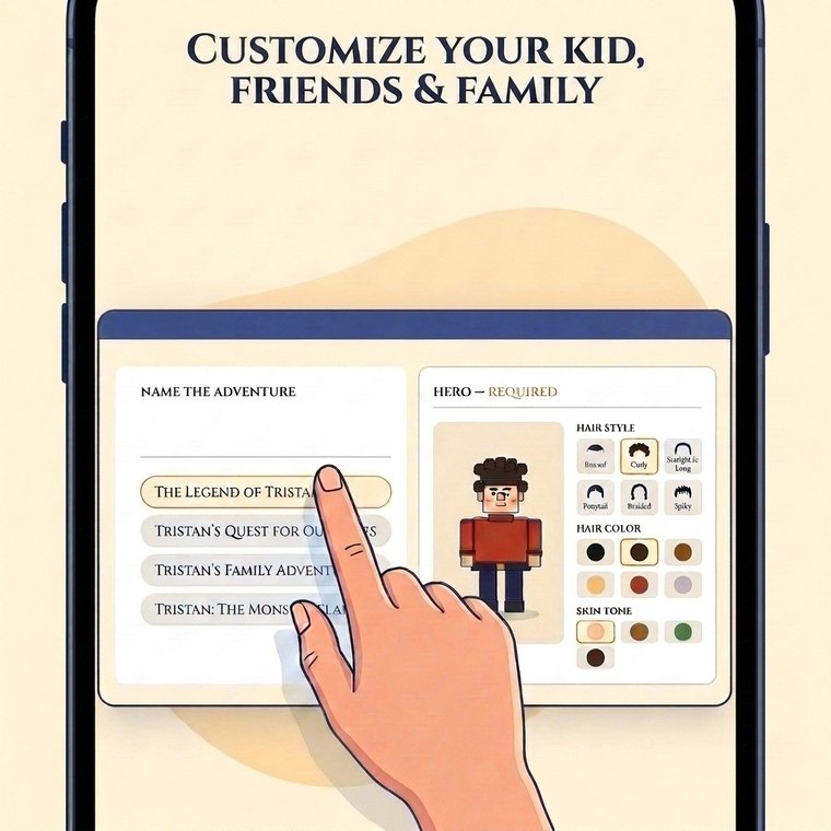 A tablet showing the KidBits character creator, where a parent picks the hero's hair style, hair color, and skin tone and names the adventure