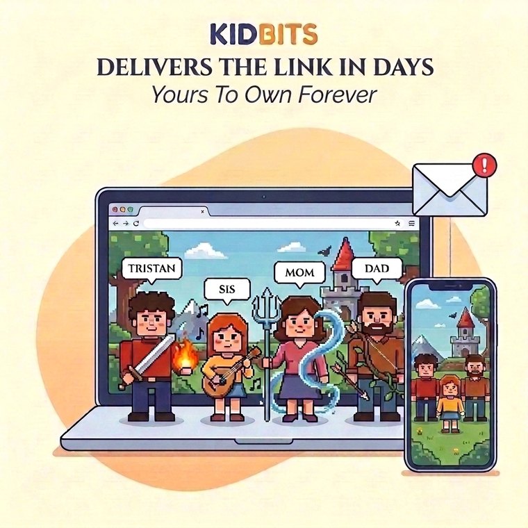 A laptop and phone showing the finished game with family characters named Tristan, Sis, Mom and Dad, delivered by email